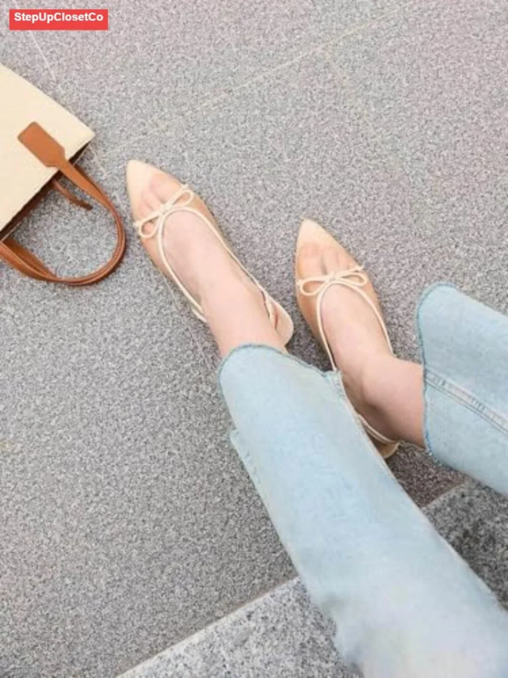 Mesh Slingback Pointed Toe Ballet Flats with Bow Low Heel Dress Shoes